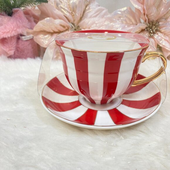 Grace Teaware Fine Porcelain Holiday Red Gold WH Stripe Tea Cups & Saucers 4PC - Picture 9 of 9